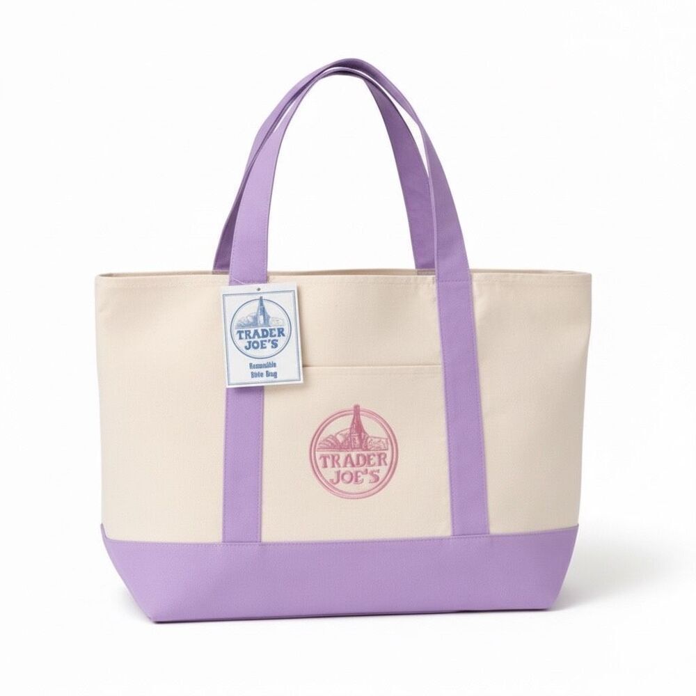 Trader Joe’s Lavender Canvas Tote Large Reusable Shopper Beach Bag NWT Pockets